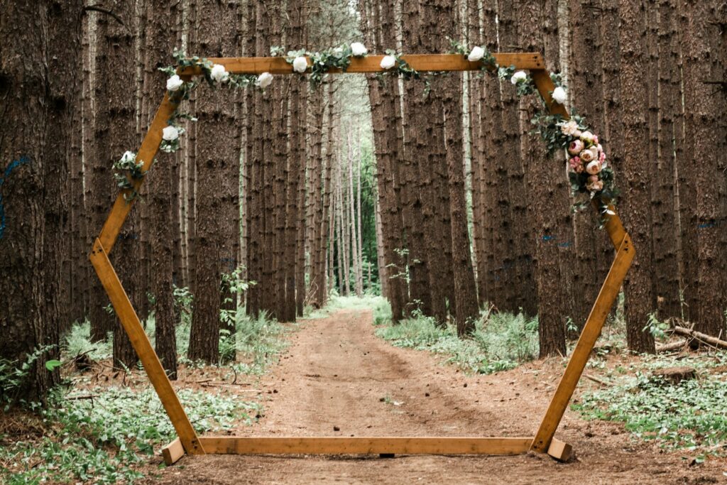 Hochzeit im Wald: Brautpaar bei der freien Trauung auf einer sonnigen Lichtung zwischen hohen Bäumen